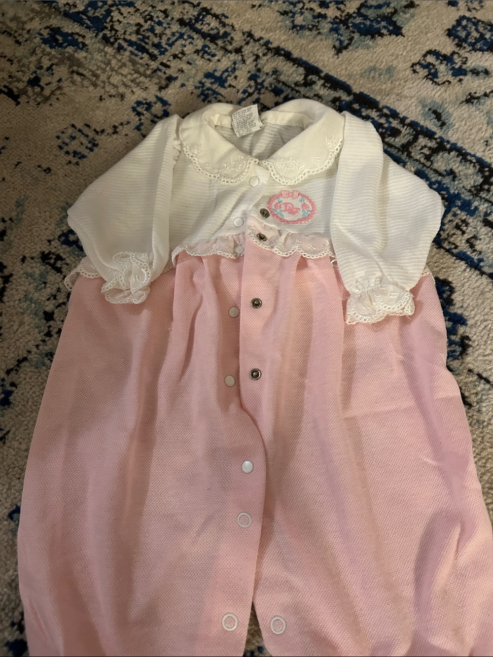 Vintage Baby Dior Pink & White Embroidered Romper Lace Trim Size Medium